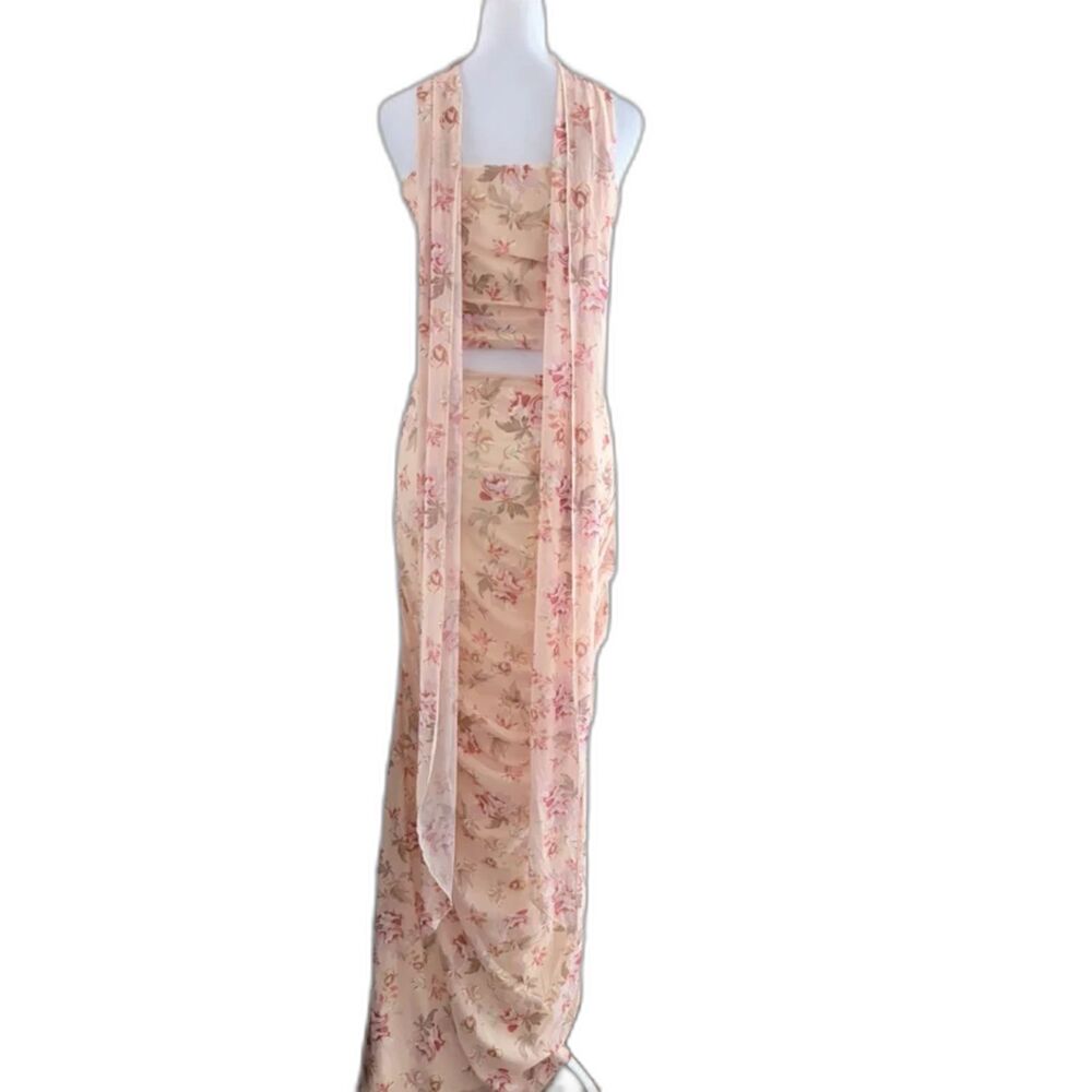 Floral Mesh Corset Maxi Skirt Set Y2K Wedding Guest Prom 3 Piece - Picture 2 of 9